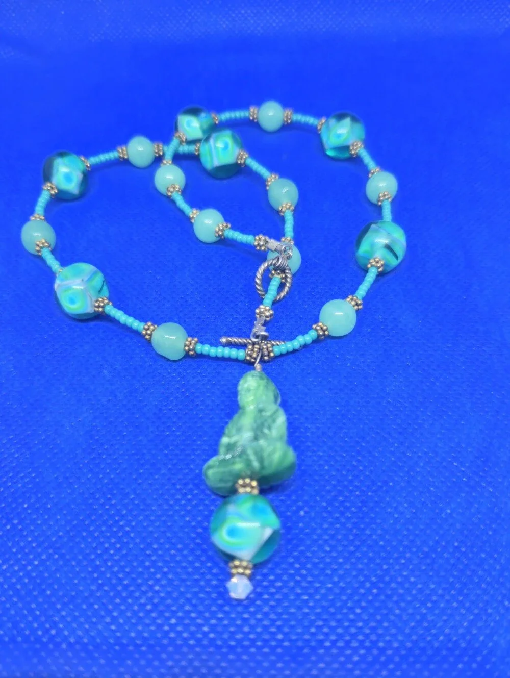 Artisan Carved Glass Buddha Pendant Necklace Swirl Beads Turquoise Seed Beads Vt